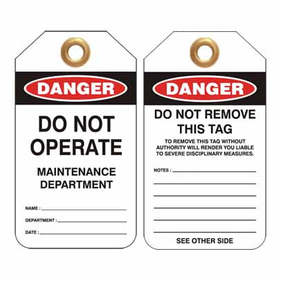 Lockout Tag Code UDT303 - Danger Do Not Operate Maintenance Department