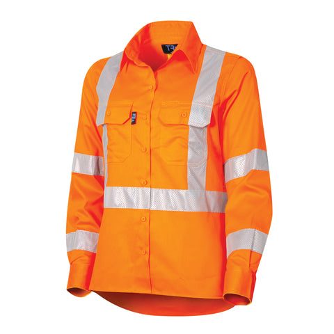 Tru Workwear Ladies NSW Rail Lightweight Hi Vis Perforated X Pattern Taped Orange Shirt DSW1166T5