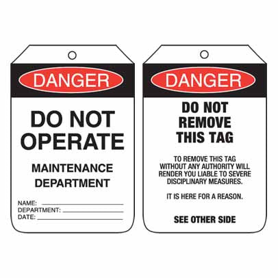 Lockout Tag Code UDT104 - Danger Do Not Operate Maintenance Department